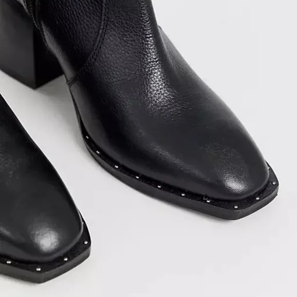 ASOS DESIGN Restore Leather Studded Block Heel Boots Black… - Picture 2 of 4
